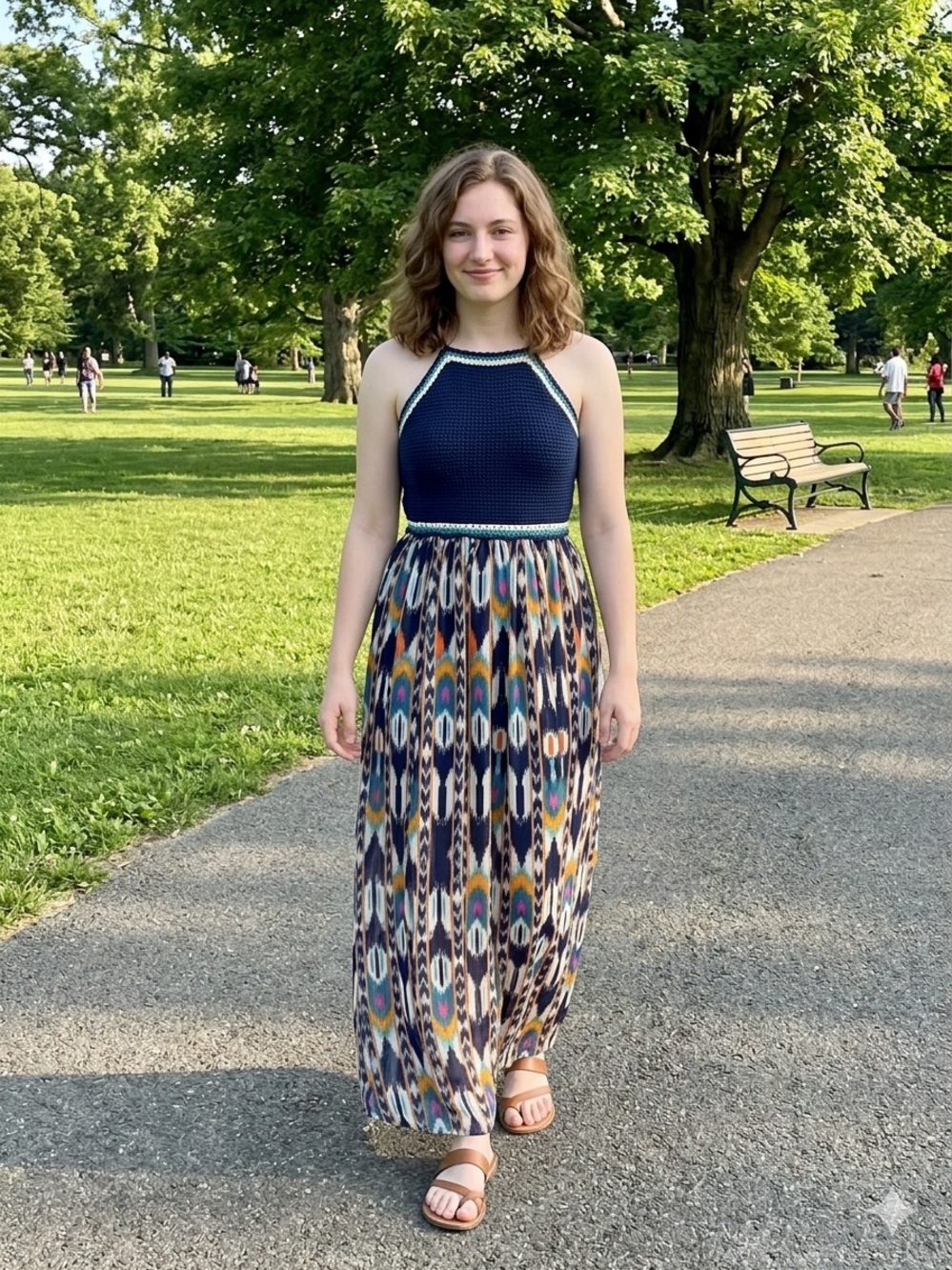 Navy Crochet Halter Maxi Dress with Multicolor Ikat Print